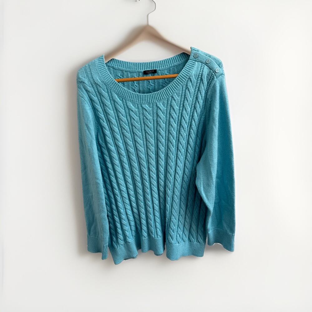 Talbots 3XP Turquoise Cable Knit Sweater Button Shoulder Aqua Blue Plus Petite